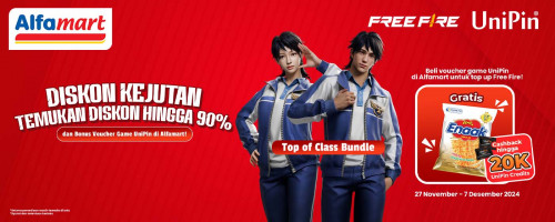 Free Fire Kejutan Diskon hingga 90% dan BONUS Melimpah Top Up Pakai Voucher Game UniPin di Alfamart!